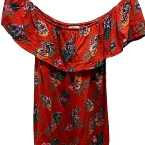 Old Navy Women’s Luau Tropical Off the Shoulder Red Top Blouse Hibiscus Hawaii